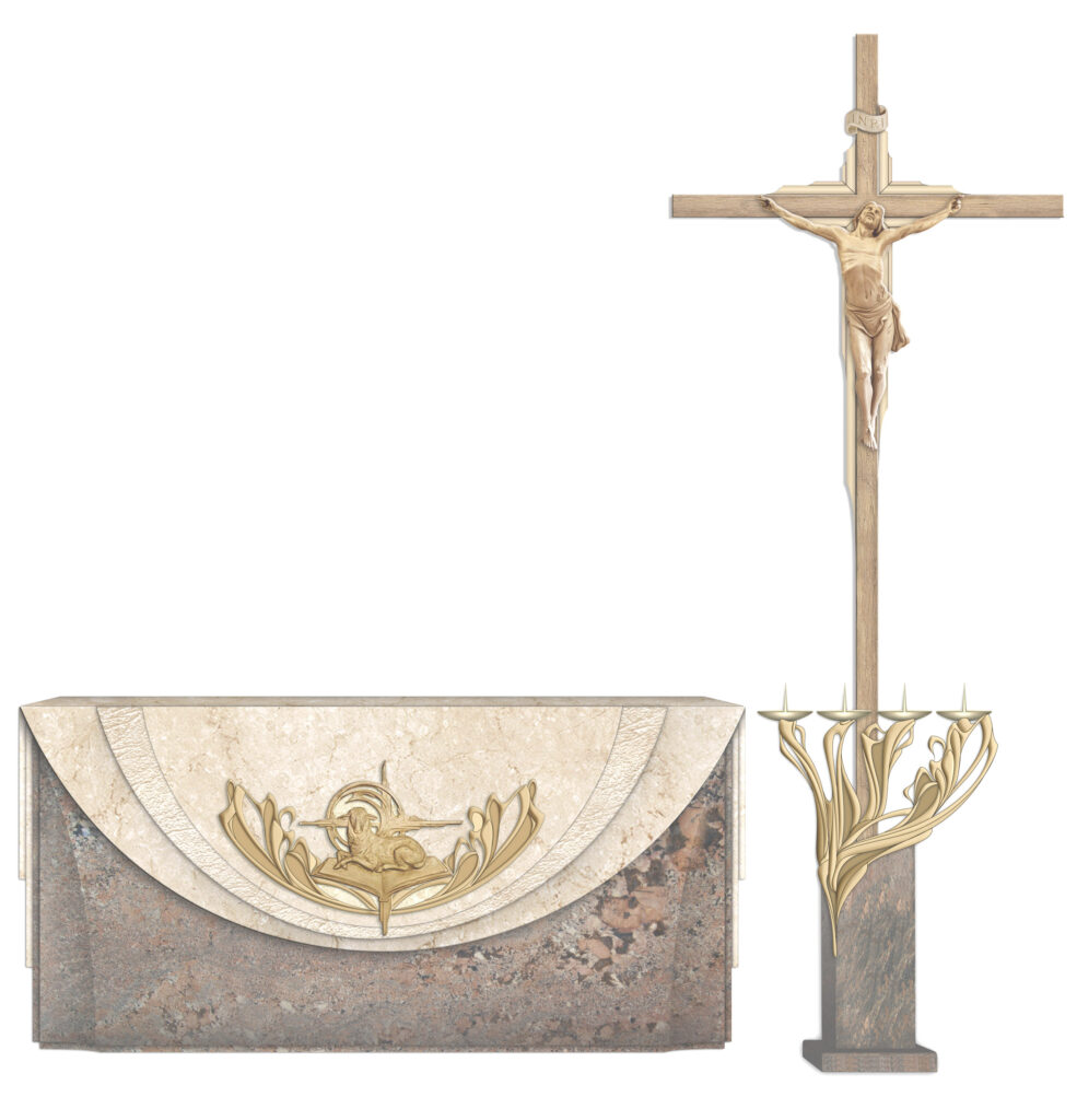 Projekt ołtarza krzyż i świecznik w kościele na Drabiniance w Rzeszowie